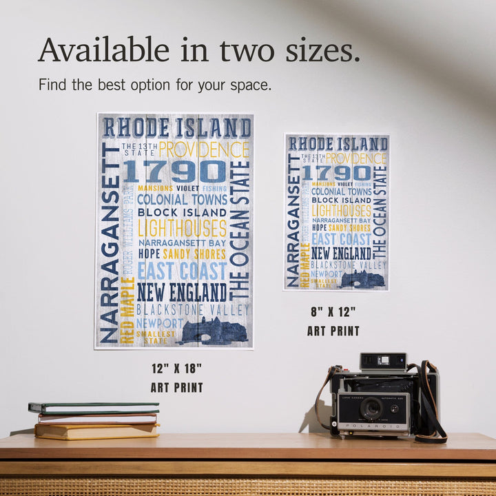 Rhode Island, Rustic Typography with Narragansett Tower, Art & Giclee Prints Art Lantern Press
