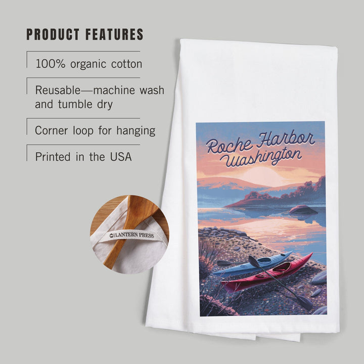 Roche Harbor, Washington, Get Outside Series, Glassy Sunrise, Kayak, Organic Cotton Kitchen Tea Towels Kitchen Lantern Press