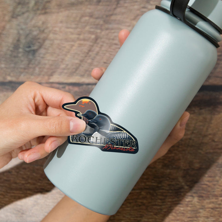 Rochester, Minnesota, Loons and Sunset, Contour, Vinyl Sticker Sticker Lantern Press