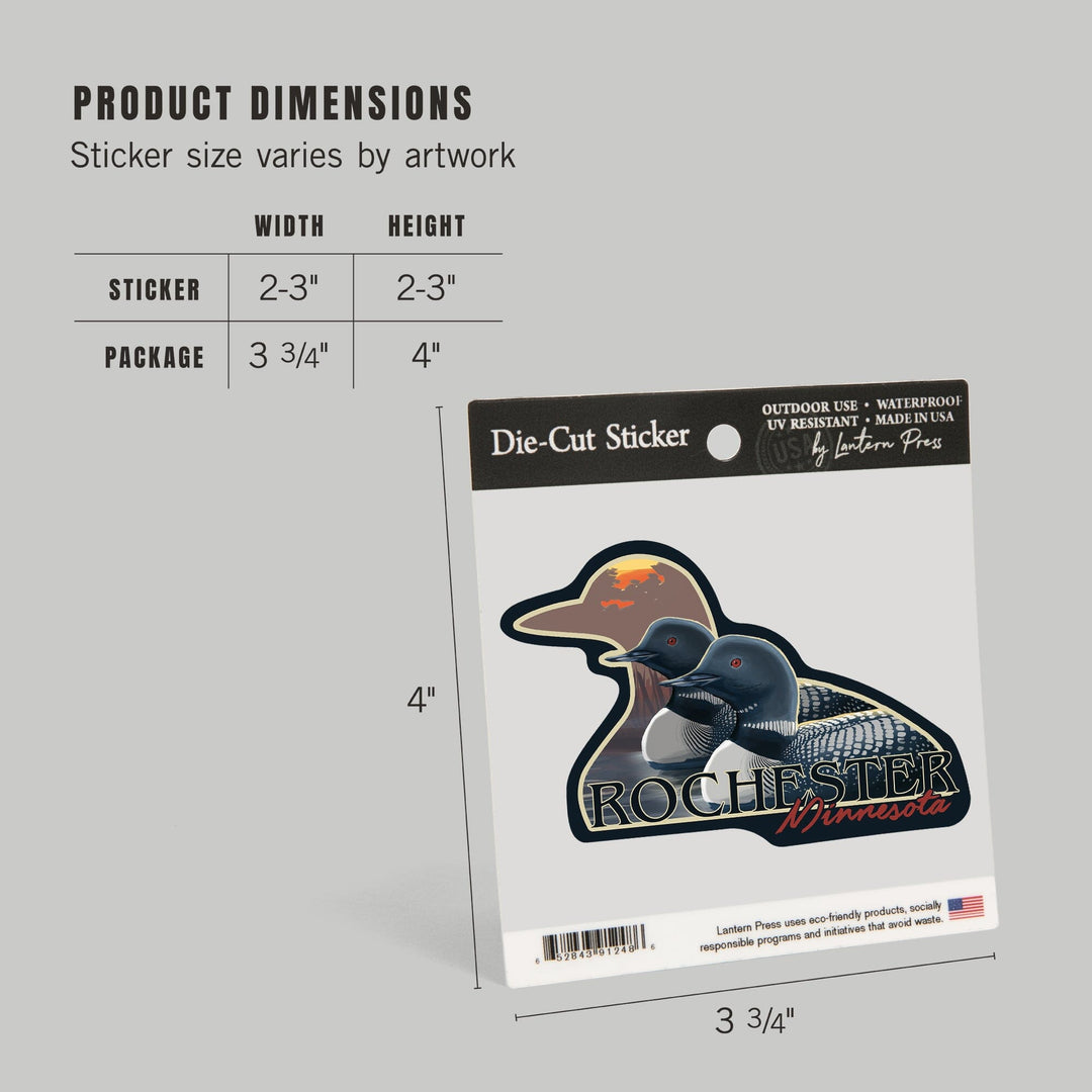Rochester, Minnesota, Loons and Sunset, Contour, Vinyl Sticker Sticker Lantern Press
