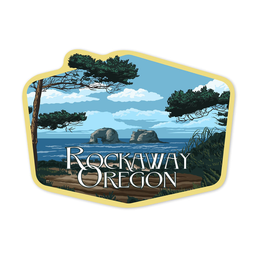 Rockaway Beach, Oregon, Twin Rocks, Contour, Lantern Press Artwork, Vinyl Sticker Sticker Lantern Press