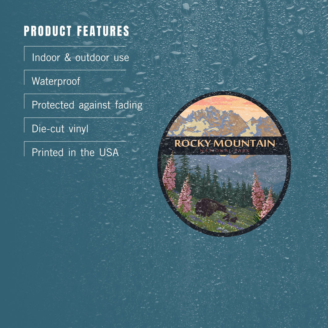 Rocky Mountain National Park, Bear Family & Spring Flowers, Contour, Lantern Press Artwork, Vinyl Sticker Sticker Lantern Press
