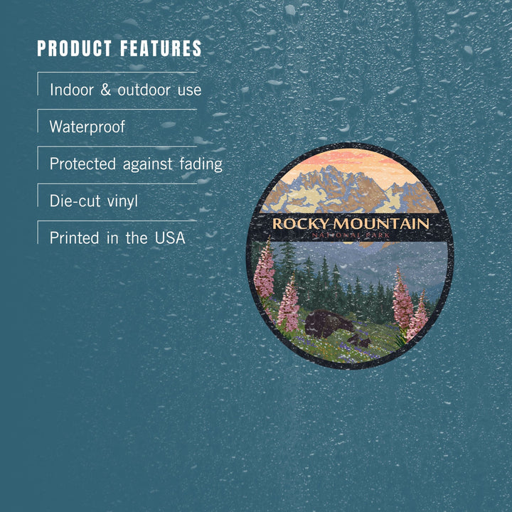 Rocky Mountain National Park, Bear Family & Spring Flowers, Contour, Lantern Press Artwork, Vinyl Sticker Sticker Lantern Press