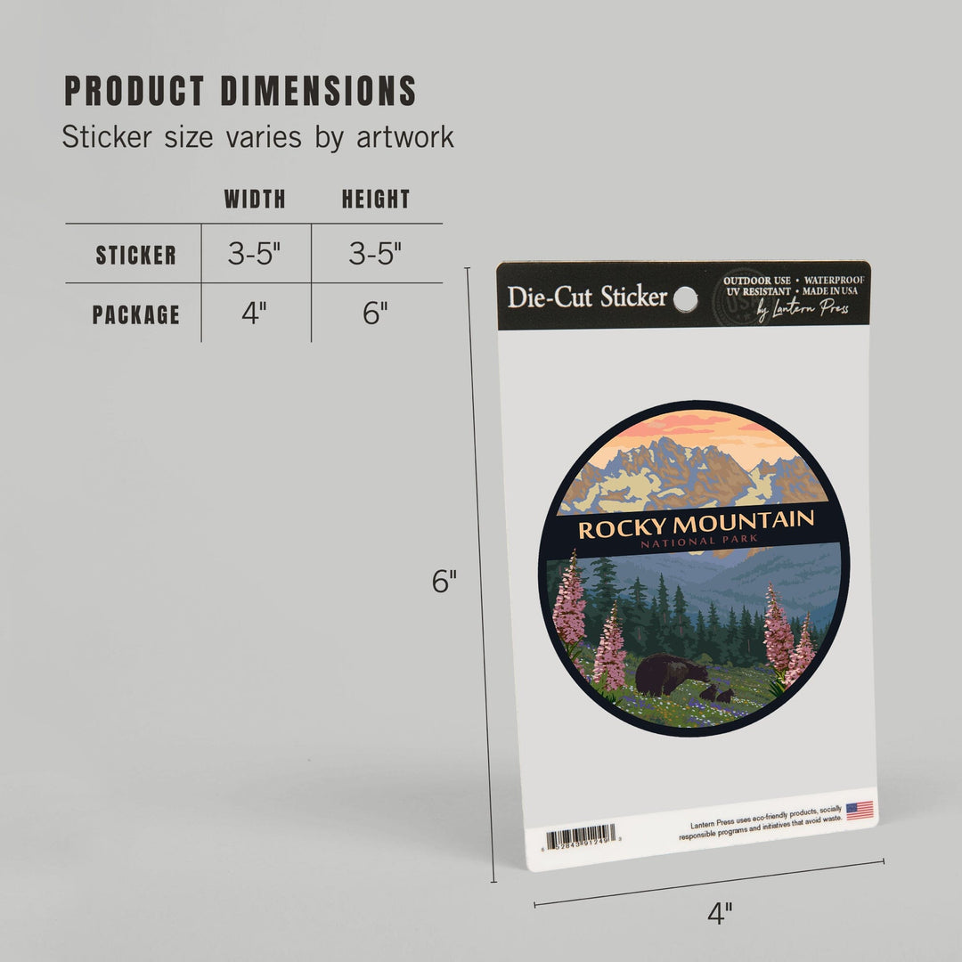 Rocky Mountain National Park, Bear Family & Spring Flowers, Contour, Lantern Press Artwork, Vinyl Sticker Sticker Lantern Press