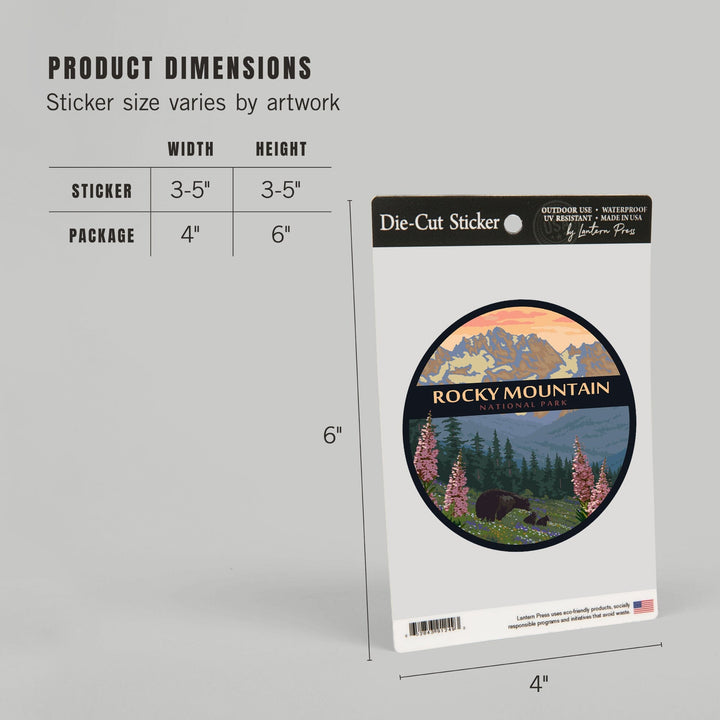 Rocky Mountain National Park, Bear Family & Spring Flowers, Contour, Lantern Press Artwork, Vinyl Sticker Sticker Lantern Press