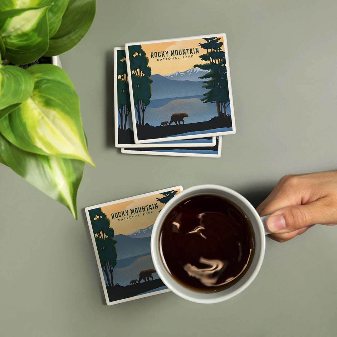 Rocky Mountain National Park, Black Bear and Lake, Lithograph, Coasters Coasters Lantern Press