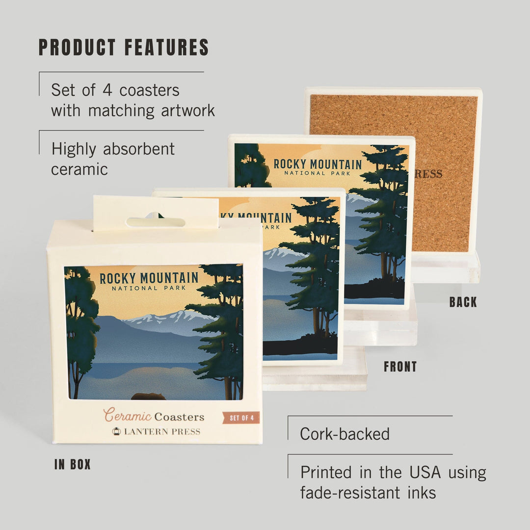 Rocky Mountain National Park, Black Bear and Lake, Lithograph, Coasters Coasters Lantern Press