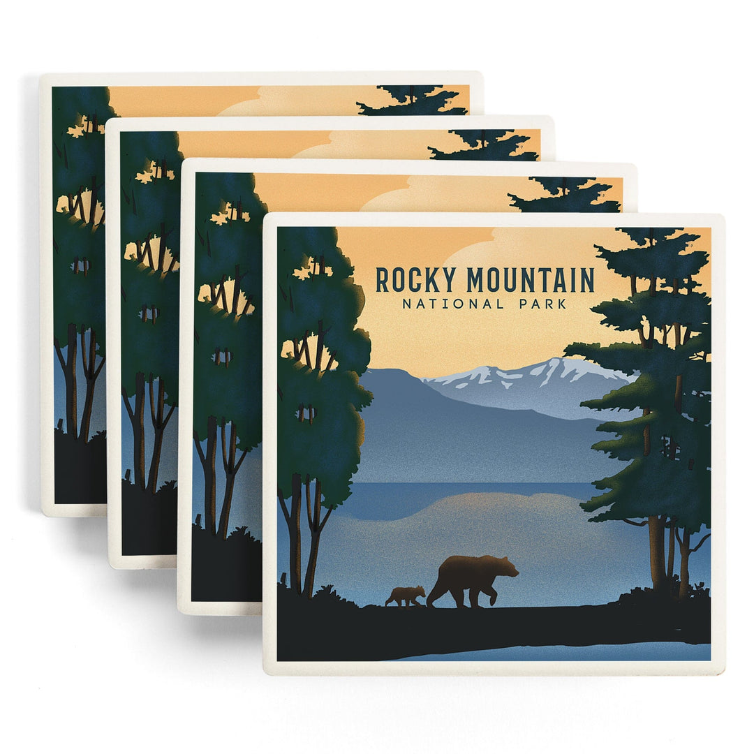 Rocky Mountain National Park, Black Bear and Lake, Lithograph, Coasters Coasters Lantern Press