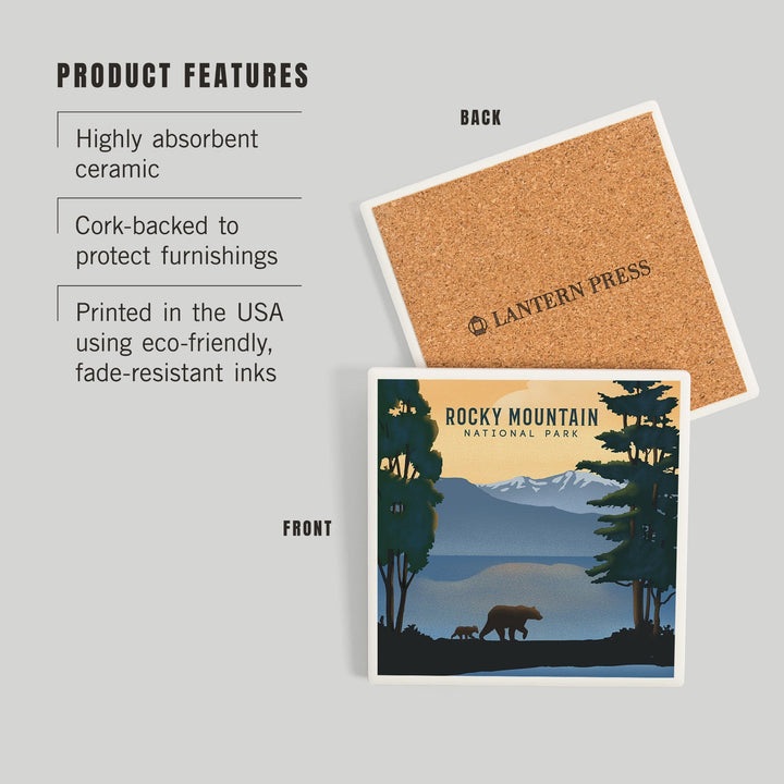 Rocky Mountain National Park, Black Bear and Lake, Lithograph, Coasters Coasters Lantern Press