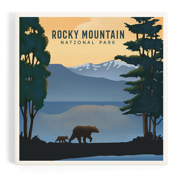 Rocky Mountain National Park, Black Bear and Lake, Lithograph, Coasters Coasters Lantern Press Coaster