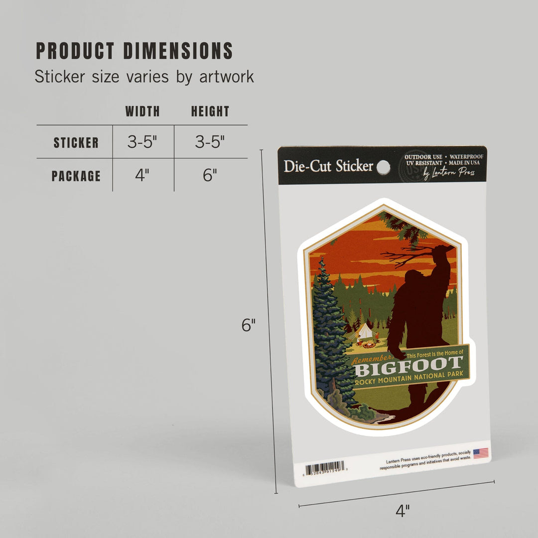 Rocky Mountain National Park, Colorado, Home of Bigfoot, Contour, Lantern Press Artwork, Vinyl Sticker Sticker Lantern Press