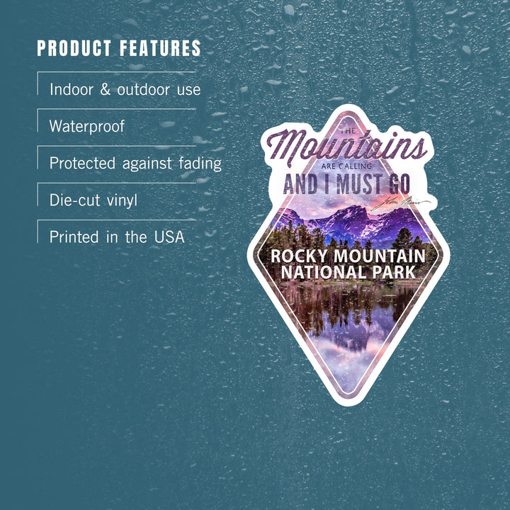Rocky Mountain National Park, Colorado, John Muir Quote, Sunset & Lake, Contour, Lantern Press Photograph, Vinyl Sticker Sticker Lantern Press