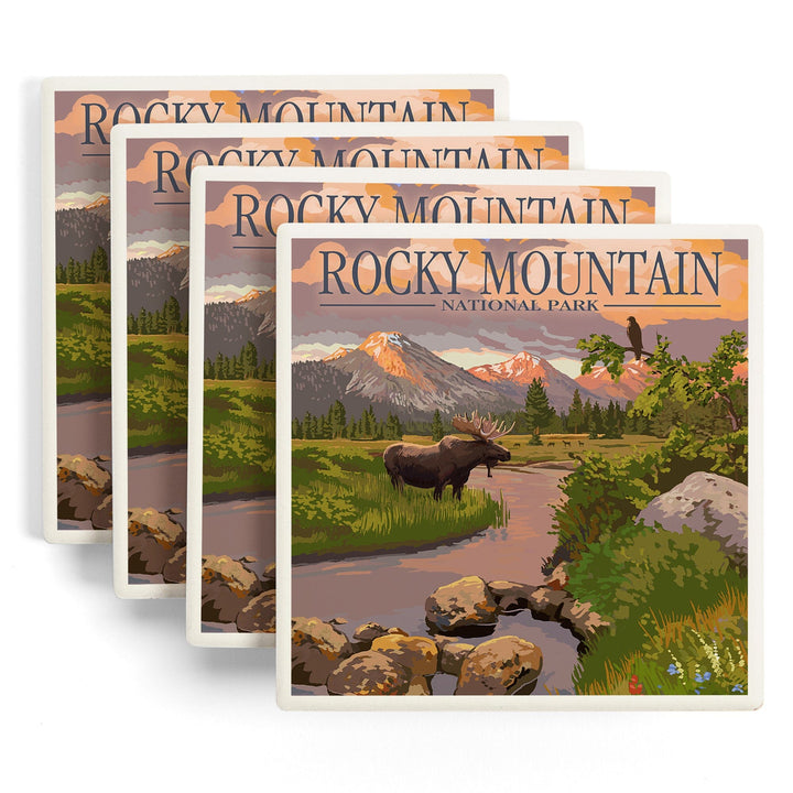 Rocky Mountain National Park, Colorado, Moose and Meadow, Coasters Coasters Lantern Press