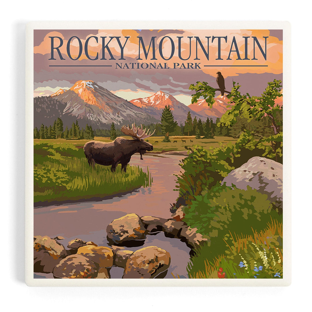 Rocky Mountain National Park, Colorado, Moose and Meadow, Coasters Coasters Lantern Press Coaster