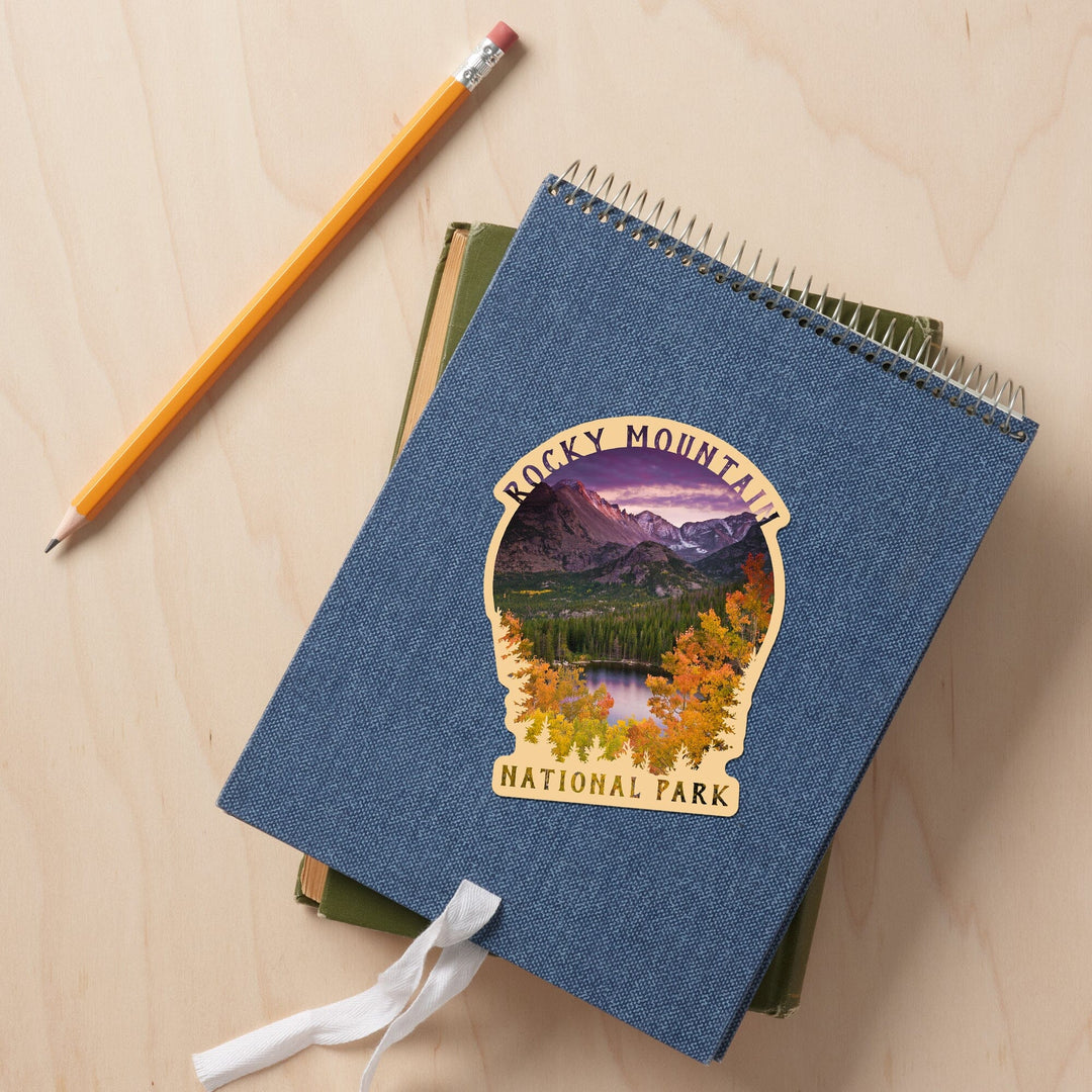 Rocky Mountain National Park, Colorado, Purple Sunset and Lake, Photography, Contour, Vinyl Sticker Sticker Lantern Press