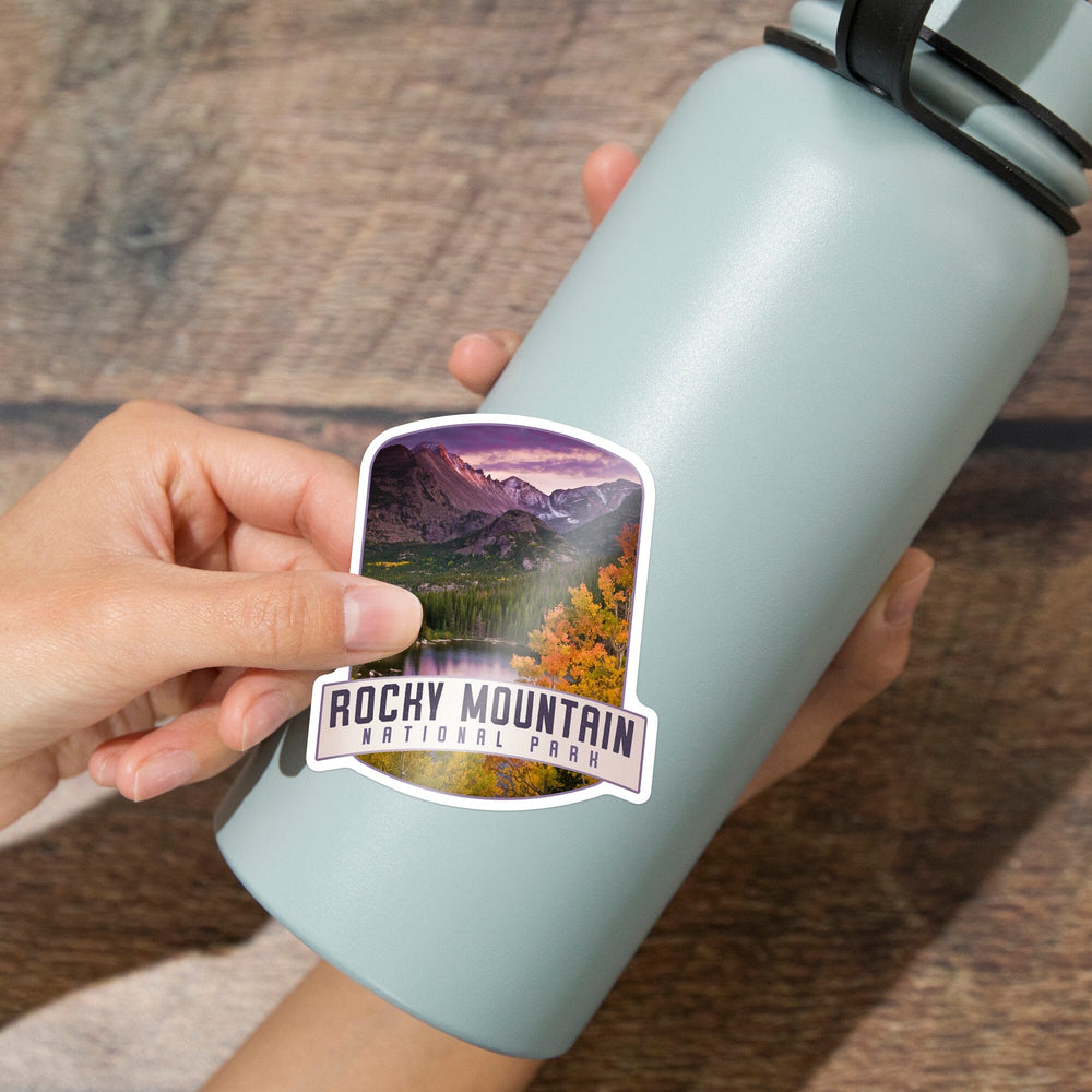 Rocky Mountain National Park, Colorado, Purple Sunset & Lake, Alt Contour, Lantern Press Photography, Vinyl Sticker Sticker Lantern Press