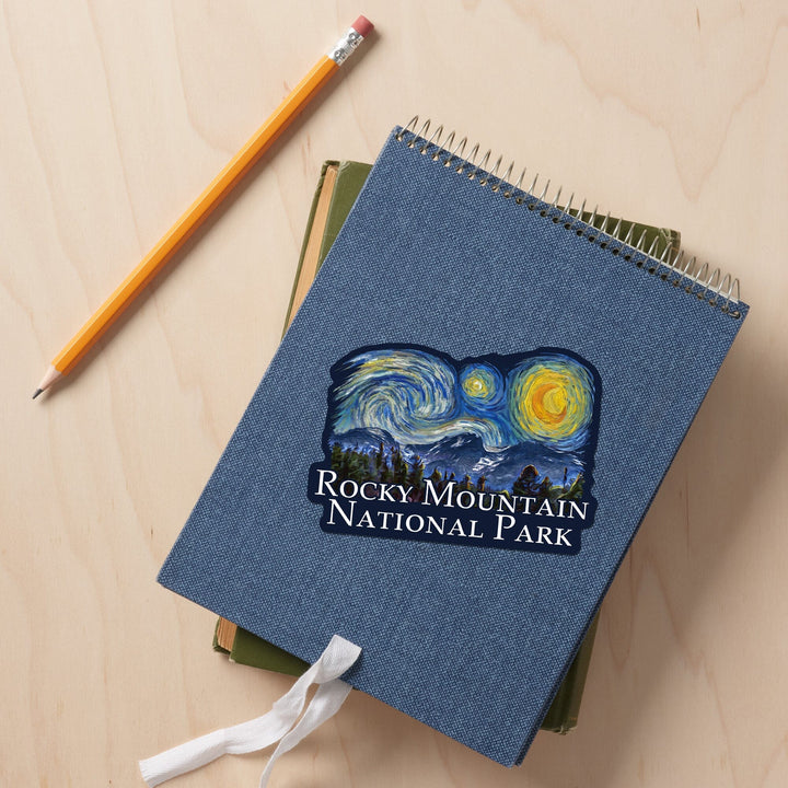 Rocky Mountain National Park, Colorado, Starry Night National Park Series, Contour, Lantern Press Artwork, Vinyl Sticker Sticker Lantern Press