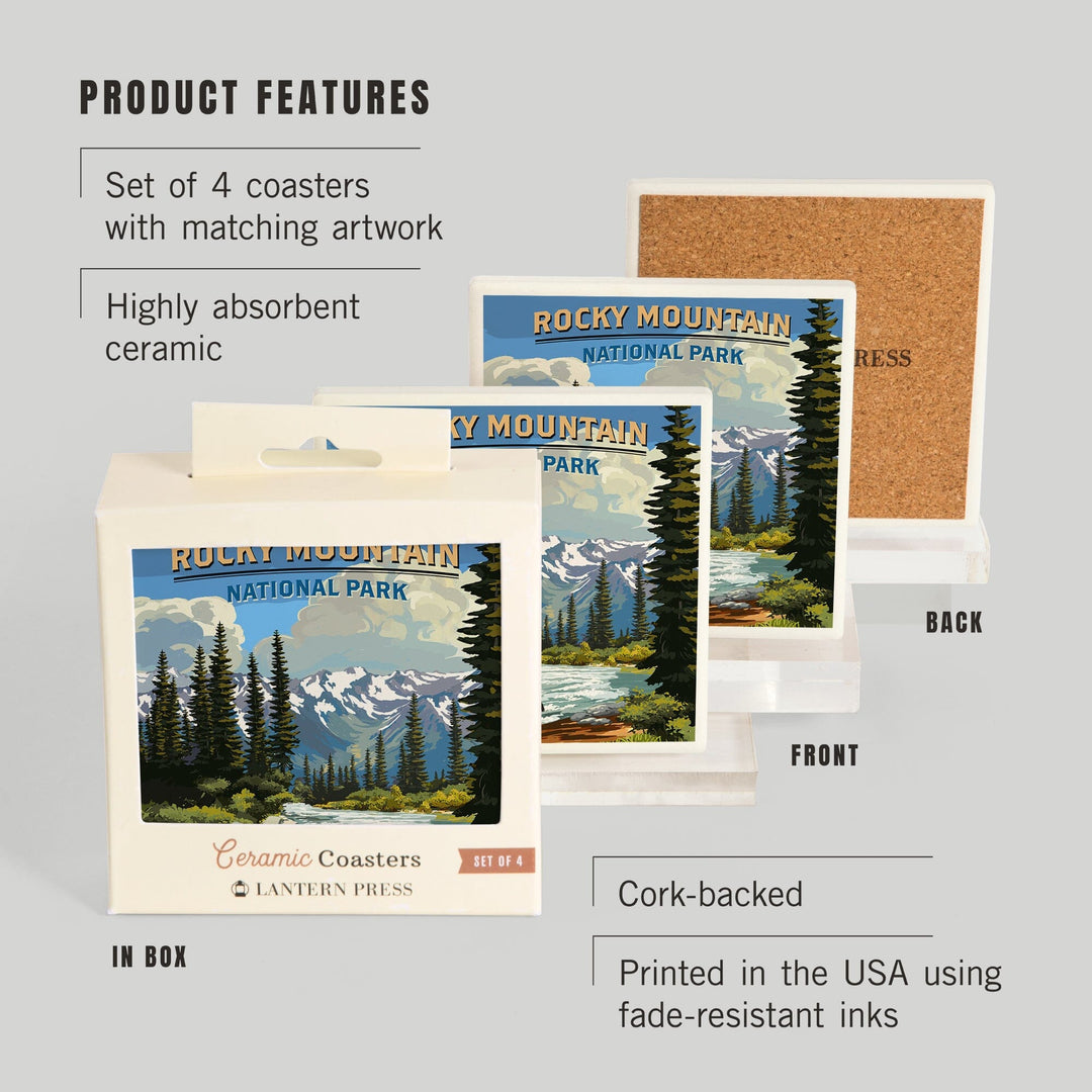 Rocky Mountain National Park, Moose and River Rapids, Coasters Coasters Lantern Press