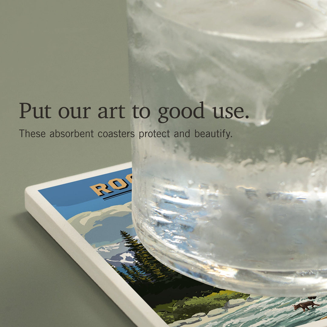 Rocky Mountain National Park, Moose and River Rapids, Coasters Coasters Lantern Press