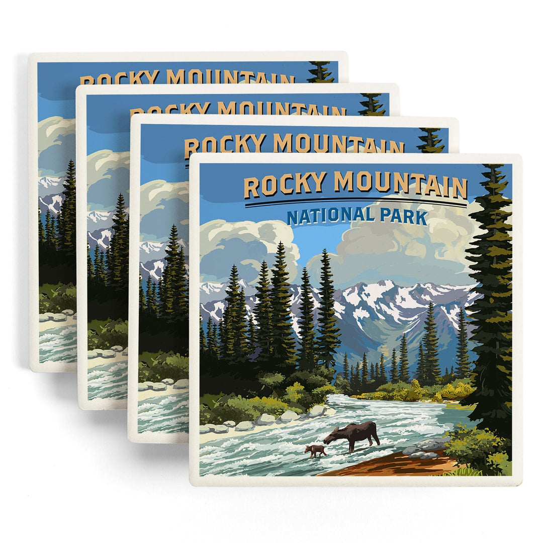 Rocky Mountain National Park, Moose and River Rapids, Coasters Coasters Lantern Press