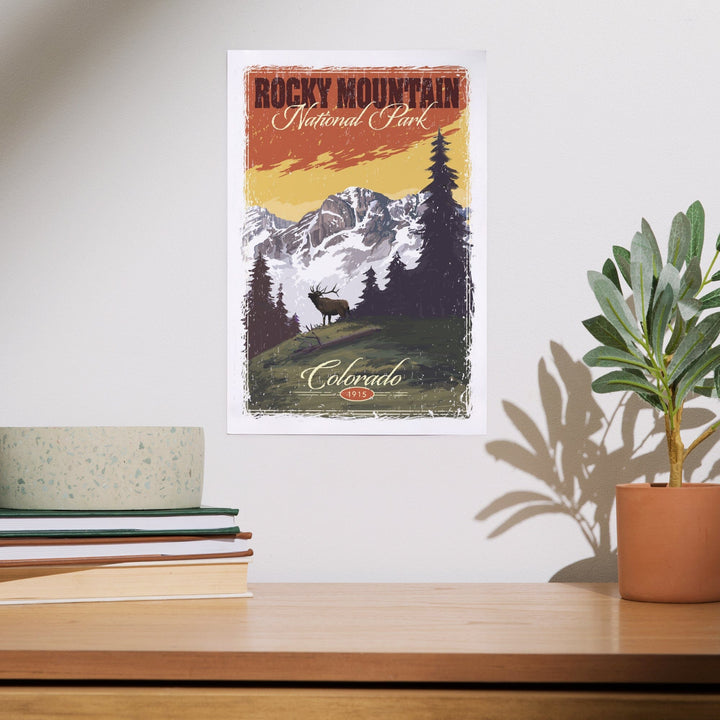Rocky Mountain National Park, Mountain View and Elk, Distressed, Art & Giclee Prints Art Lantern Press