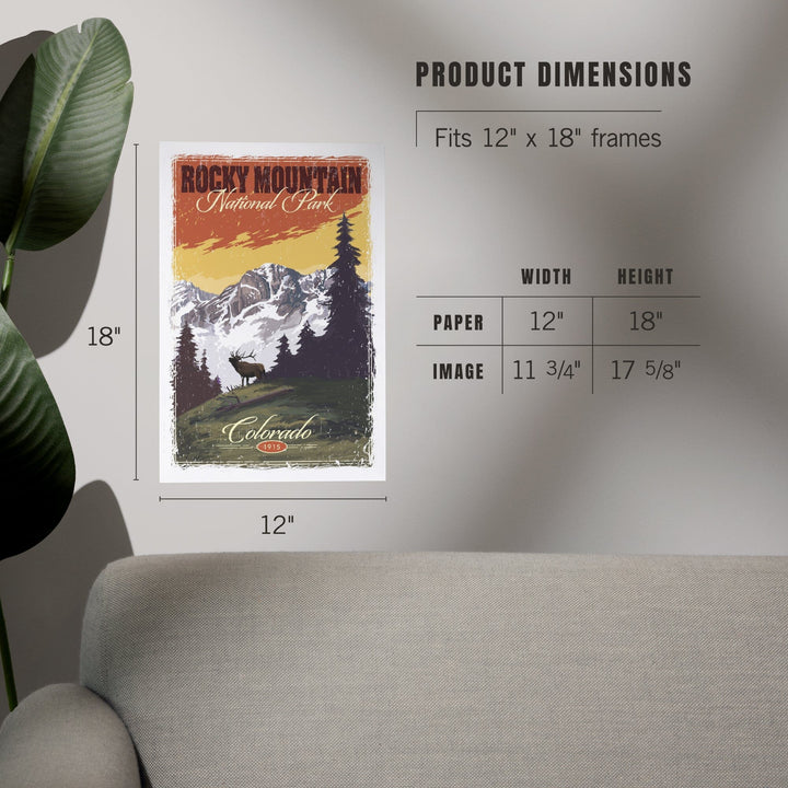 Rocky Mountain National Park, Mountain View and Elk, Distressed, Art & Giclee Prints Art Lantern Press
