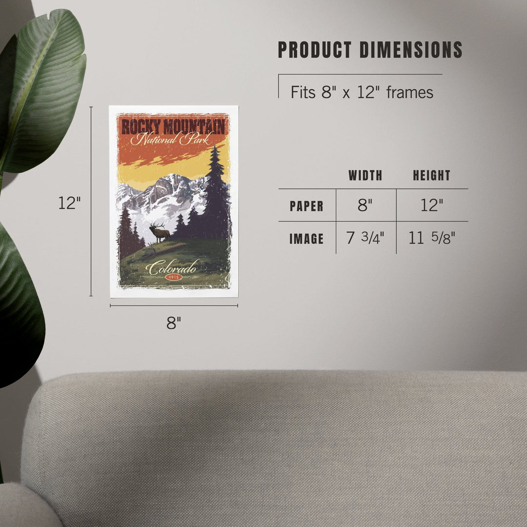 Rocky Mountain National Park, Mountain View and Elk, Distressed, Art & Giclee Prints Art Lantern Press