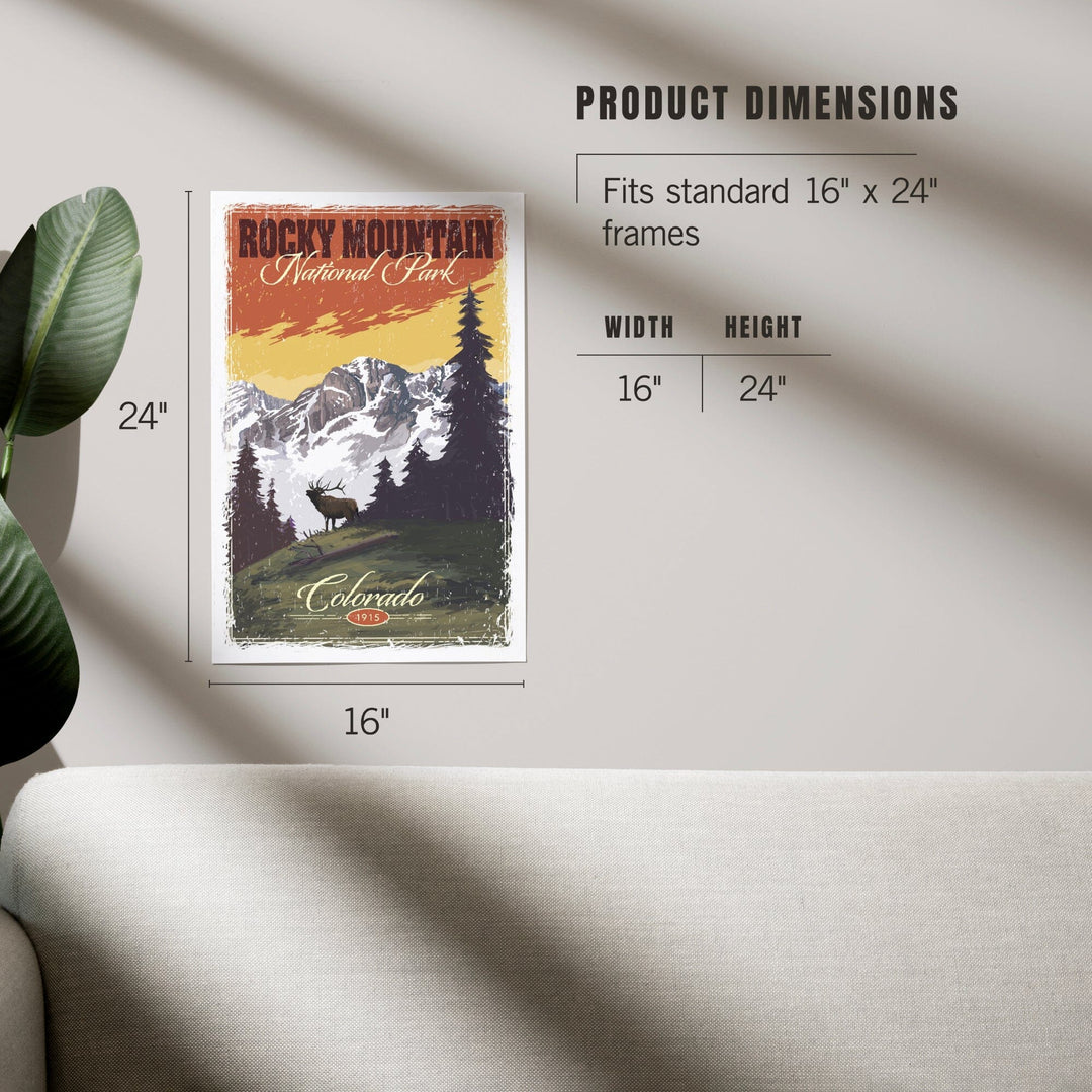 Rocky Mountain National Park, Mountain View and Elk, Distressed, Art & Giclee Prints Art Lantern Press