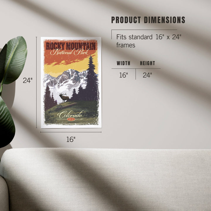 Rocky Mountain National Park, Mountain View and Elk, Distressed, Art & Giclee Prints Art Lantern Press