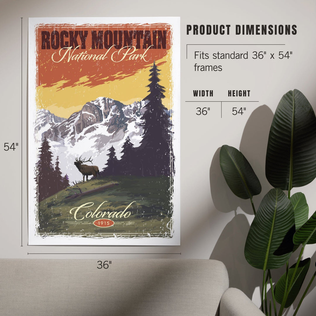 Rocky Mountain National Park, Mountain View and Elk, Distressed, Art & Giclee Prints Art Lantern Press