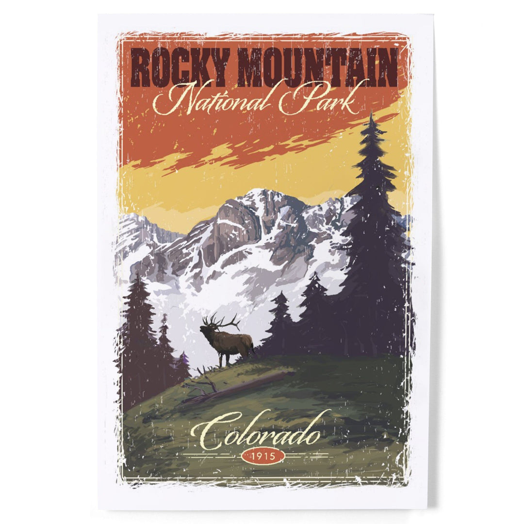 Rocky Mountain National Park, Mountain View and Elk, Distressed, Art & Giclee Prints Art Lantern Press