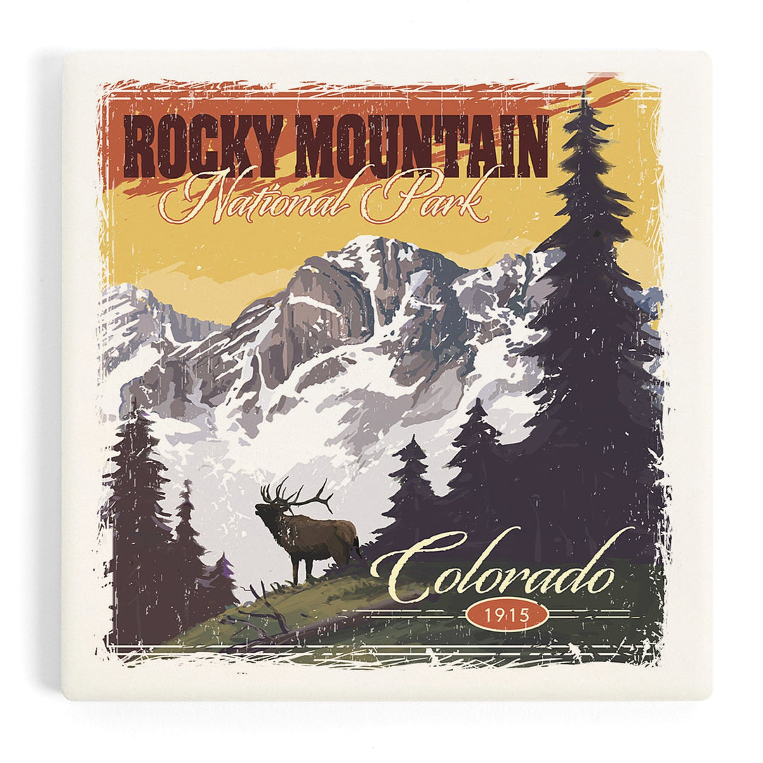 Rocky Mountain National Park, Mountain View and Elk, Distressed, Coasters Coasters Lantern Press