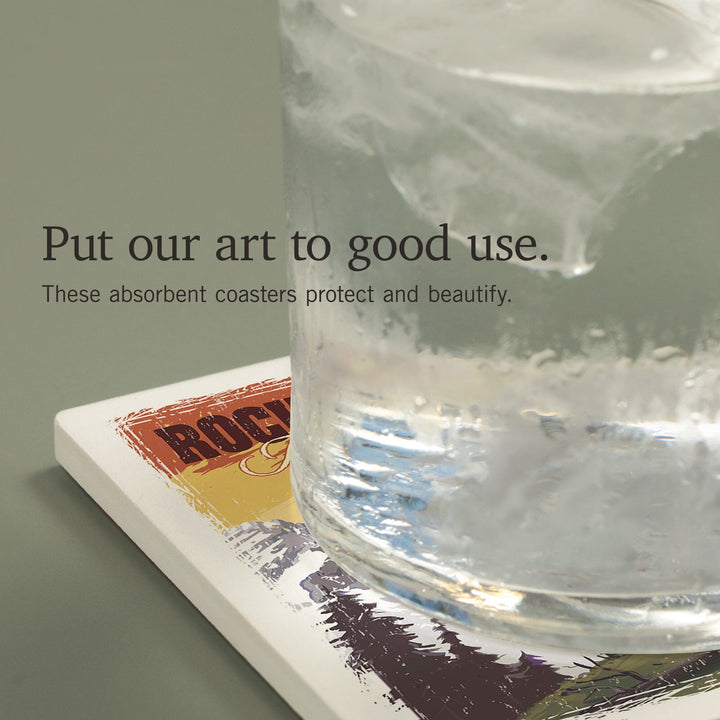 Rocky Mountain National Park, Mountain View and Elk, Distressed, Coasters Coasters Lantern Press