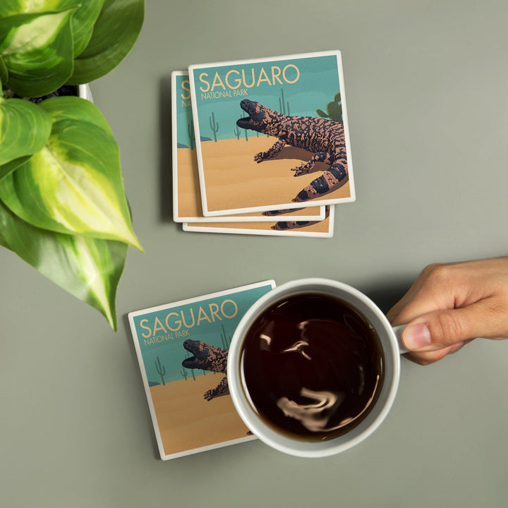 Saguaro National Park, Arizona, Gila Monster and Cactus, Lithograph, Coasters Coasters Lantern Press