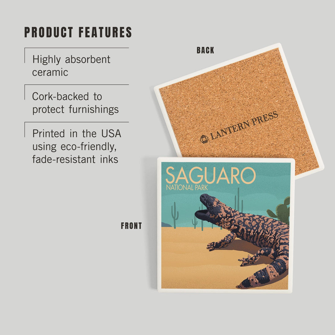 Saguaro National Park, Arizona, Gila Monster and Cactus, Lithograph, Coasters Coasters Lantern Press