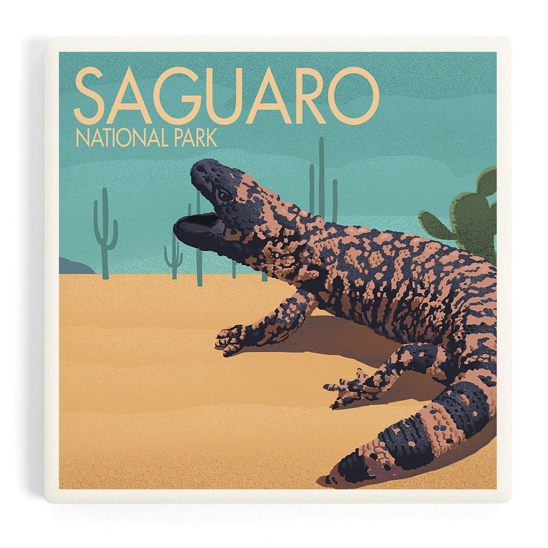 Saguaro National Park, Arizona, Gila Monster and Cactus, Lithograph, Coasters Coasters Lantern Press