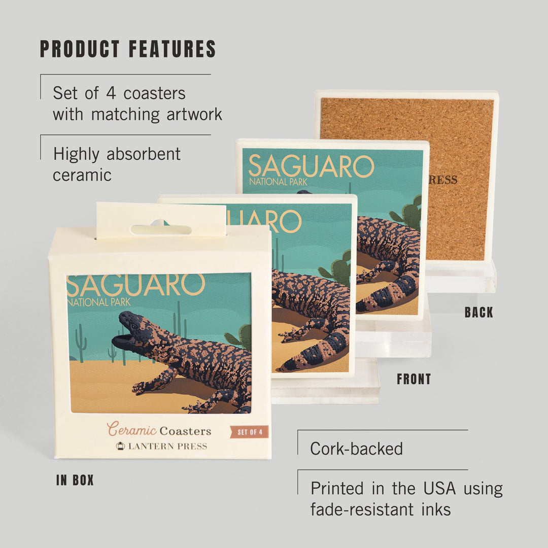 Saguaro National Park, Arizona, Gila Monster and Cactus, Lithograph, Coasters Coasters Lantern Press