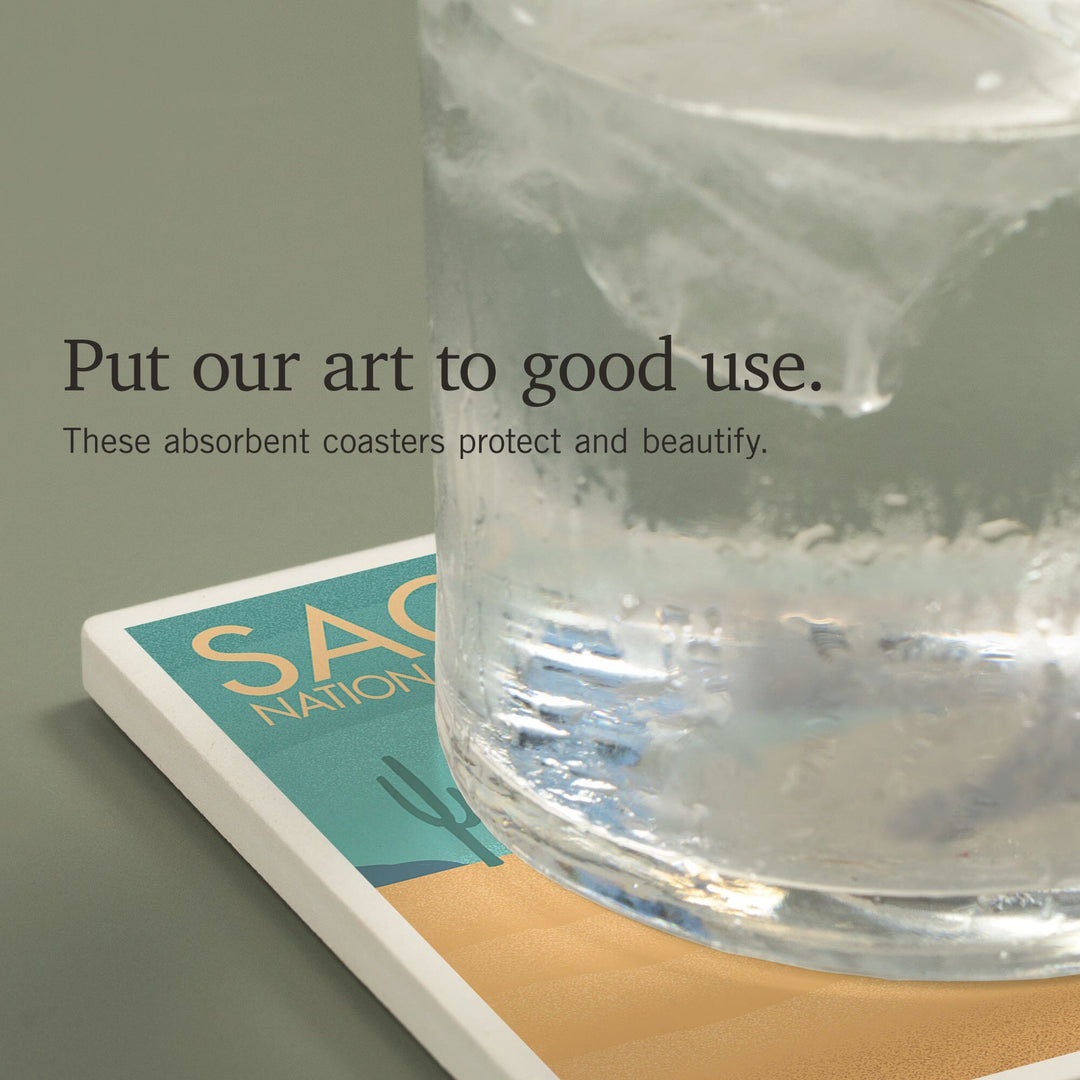 Saguaro National Park, Arizona, Gila Monster and Cactus, Lithograph, Coasters Coasters Lantern Press