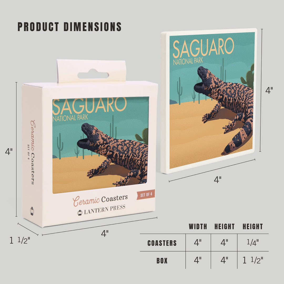 Saguaro National Park, Arizona, Gila Monster and Cactus, Lithograph, Coasters Coasters Lantern Press