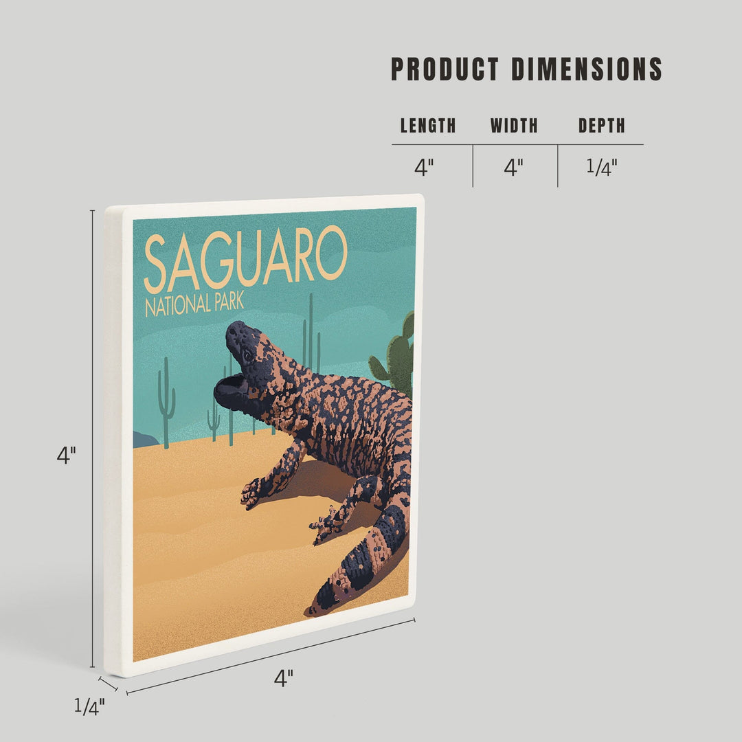 Saguaro National Park, Arizona, Gila Monster and Cactus, Lithograph, Coasters Coasters Lantern Press