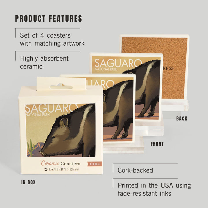 Saguaro National Park, Arizona, Javelina, Lithograph, Coasters Coasters Lantern Press