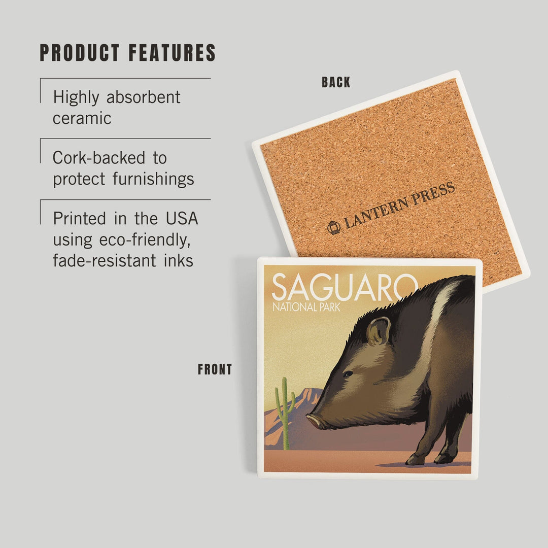 Saguaro National Park, Arizona, Javelina, Lithograph, Coasters Coasters Lantern Press