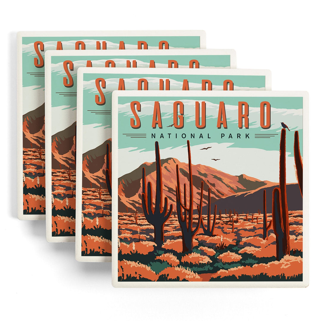 Saguaro National Park, Desert Scene with Cactus, Coasters Coasters Lantern Press