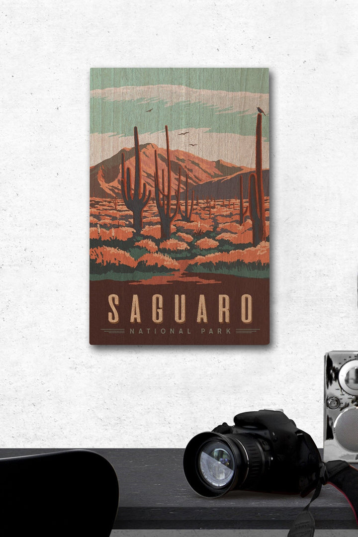 Saguaro National Park, Desert Scene with Cactus, Lantern Press Artwork, Wood Signs and Postcards Wood Lantern Press 12 x 18 Wood Gallery Print