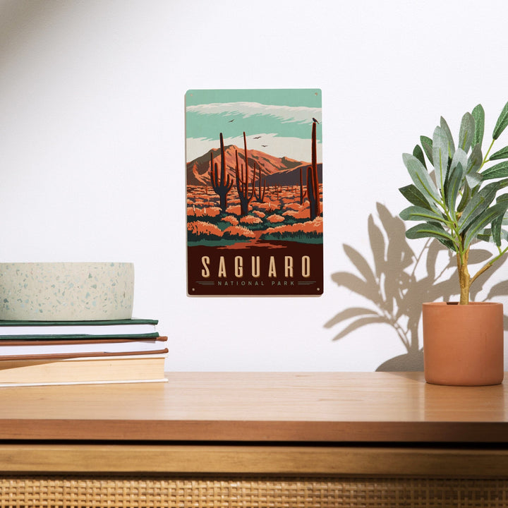 Saguaro National Park, Desert Scene with Cactus, Lantern Press Artwork, Wood Signs and Postcards Wood Lantern Press