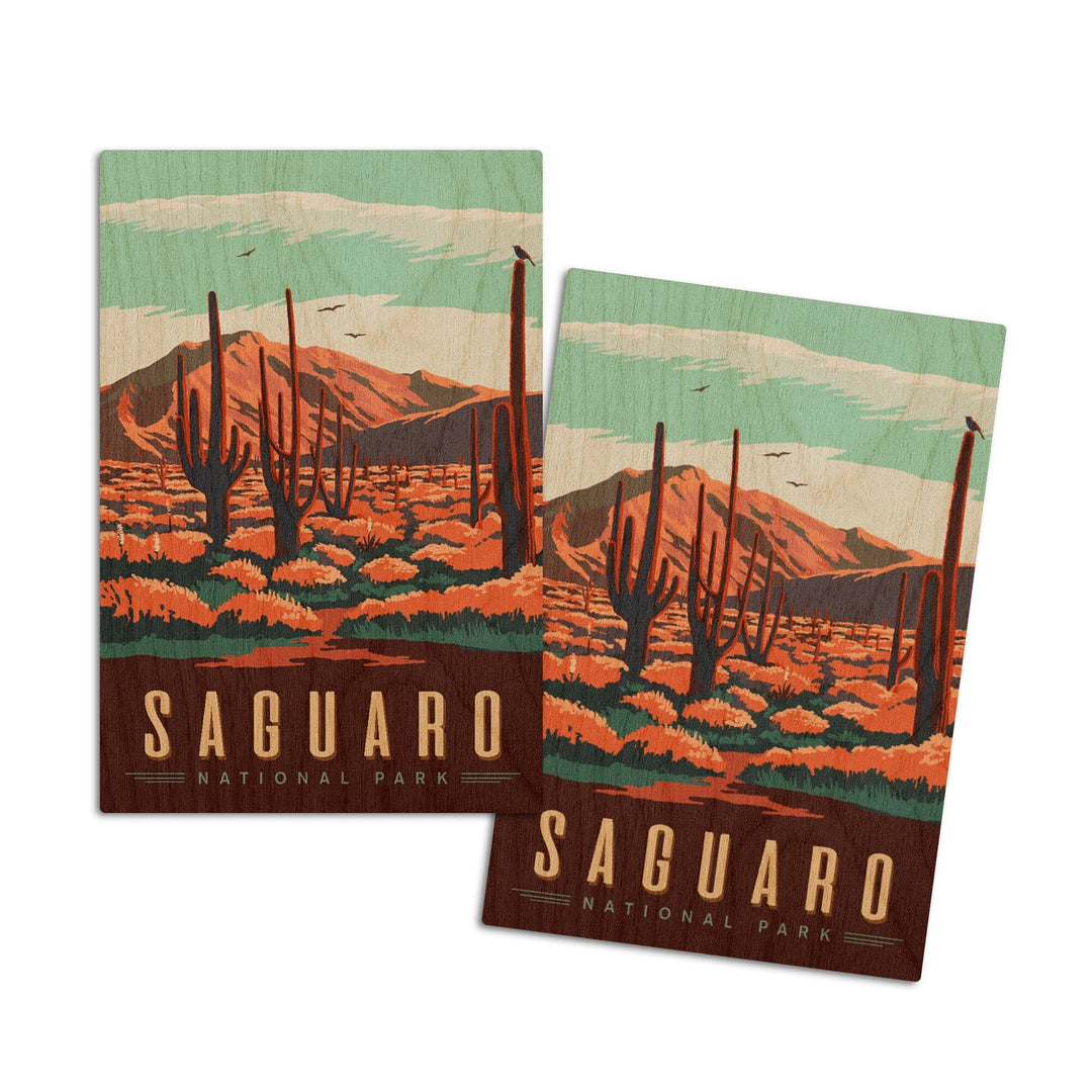 Saguaro National Park, Desert Scene with Cactus, Lantern Press Artwork, Wood Signs and Postcards Wood Lantern Press 4x6 Wood Postcard Set