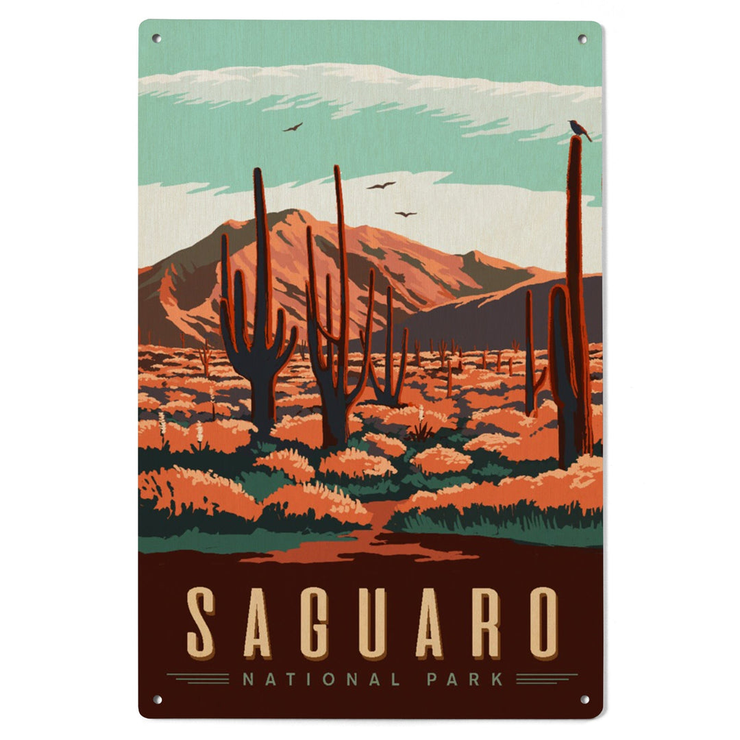 Saguaro National Park, Desert Scene with Cactus, Lantern Press Artwork, Wood Signs and Postcards Wood Lantern Press