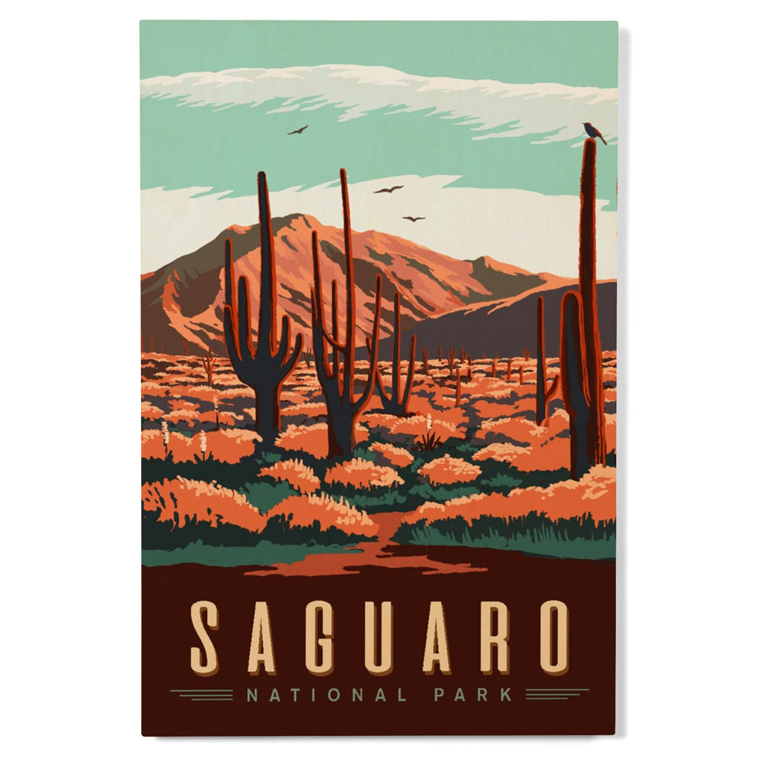 Saguaro National Park, Desert Scene with Cactus, Lantern Press Artwork, Wood Signs and Postcards Wood Lantern Press