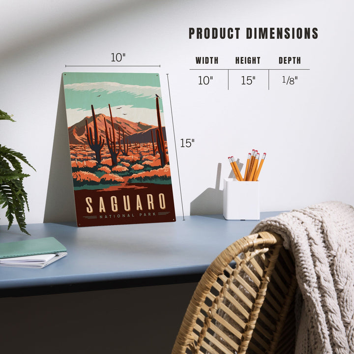 Saguaro National Park, Desert Scene with Cactus, Lantern Press Artwork, Wood Signs and Postcards Wood Lantern Press
