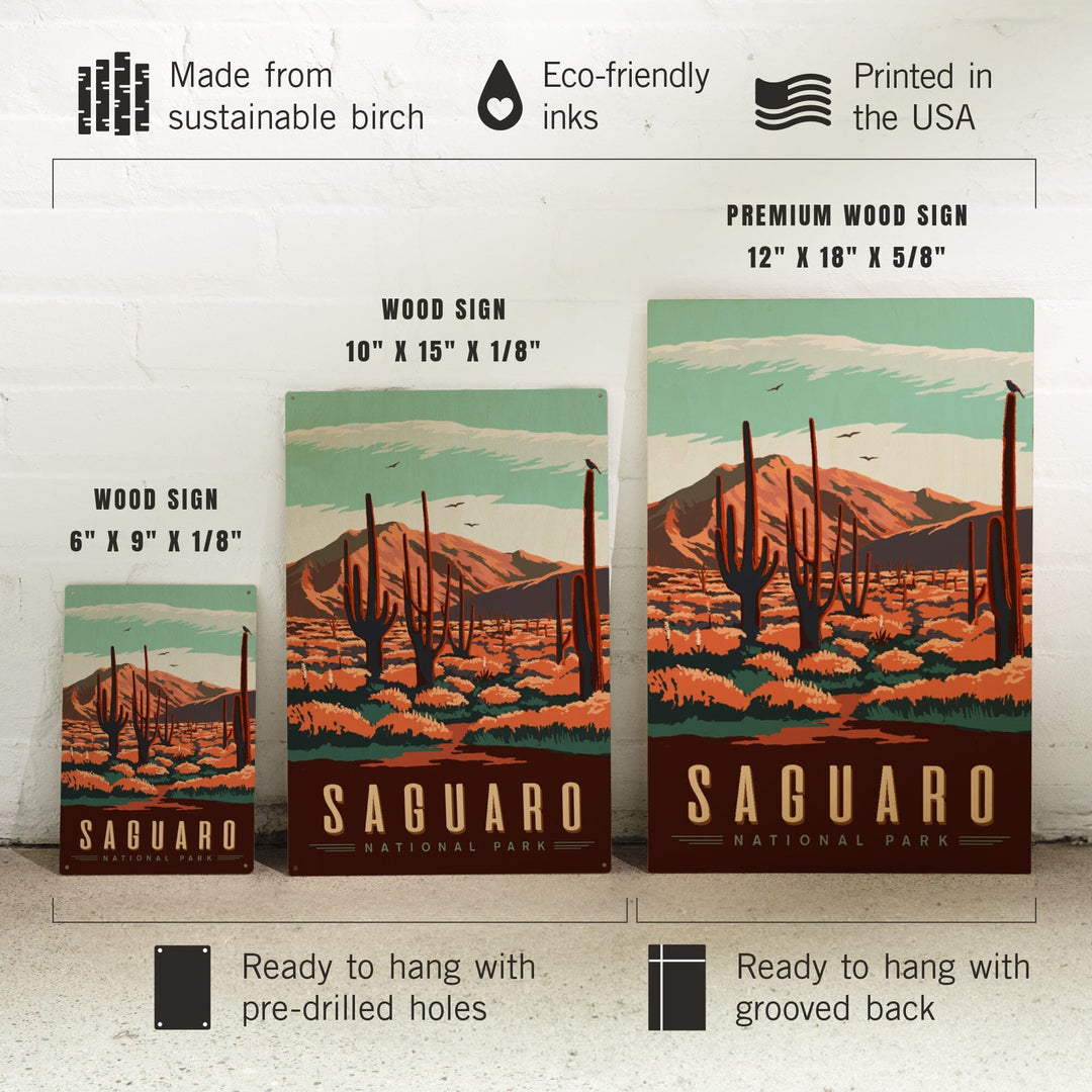 Saguaro National Park, Desert Scene with Cactus, Lantern Press Artwork, Wood Signs and Postcards Wood Lantern Press